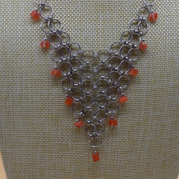 Vintage Mesh Choker Bib Necklace Silver Tone Orange Glass Square Beads - Picture 6 of 11